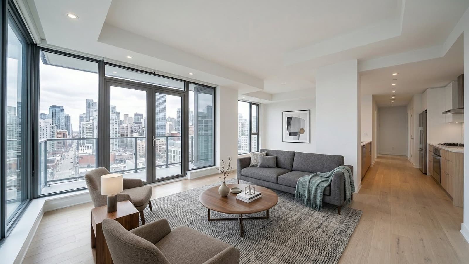 Vacant living room staged with modern furniture using virtual staging