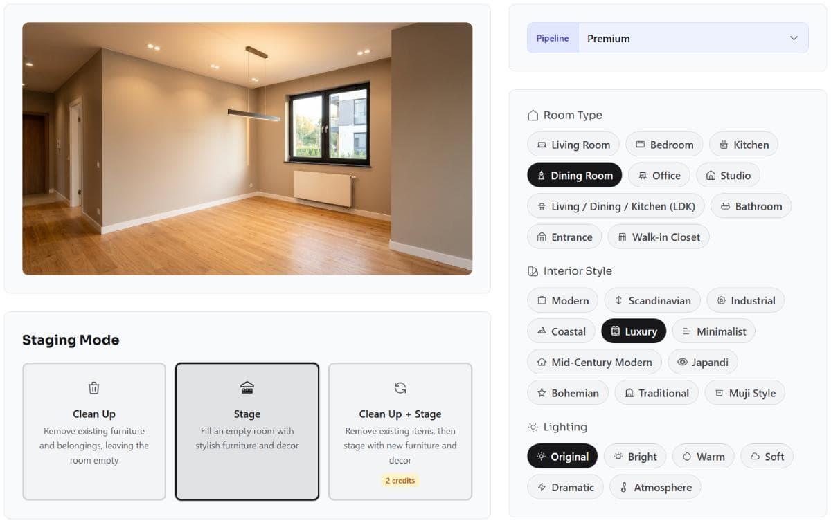 AI Virtual Staging For Real Estate - upload and staging workspace